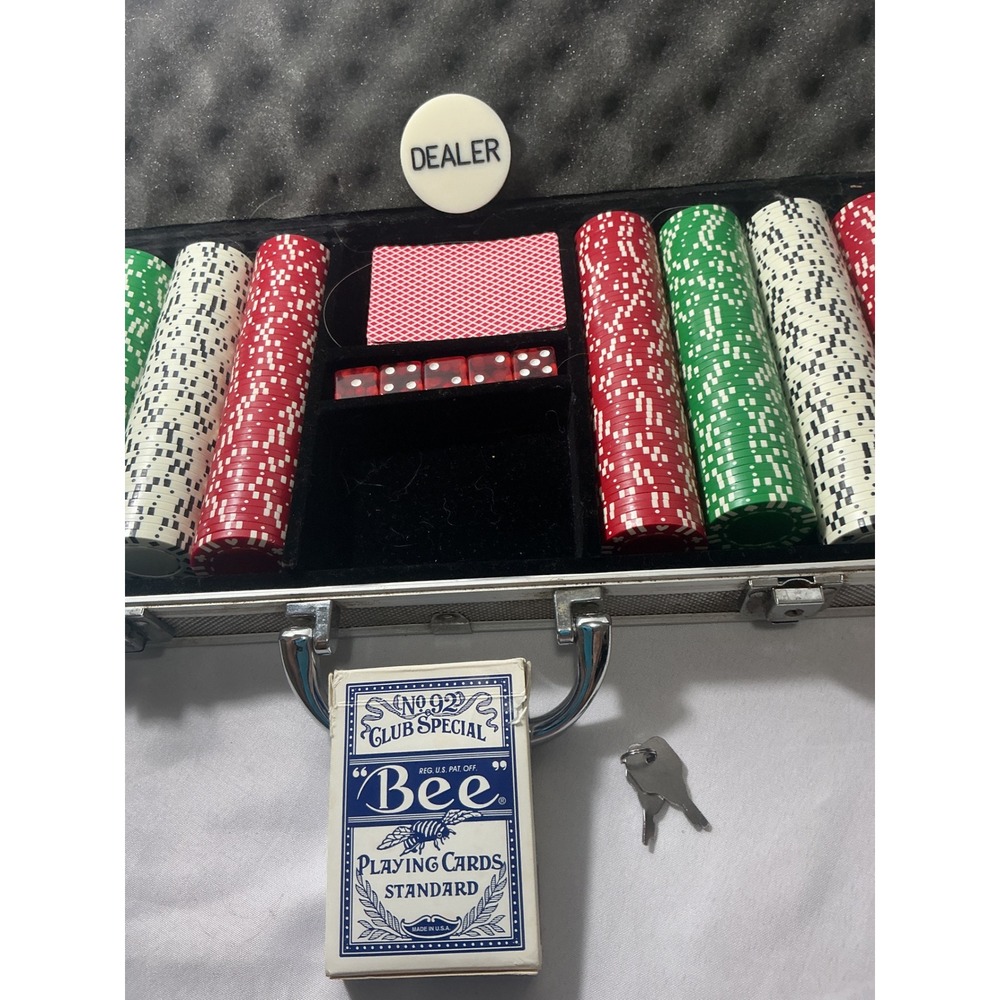 Used Piece Poker Chip Set with Aluminum Case Bee Playing Cards Dice Dealer Butto - Picture 4 of 11